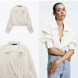 Zara Plaid Windowpane Crop Faux Wrap Top Small